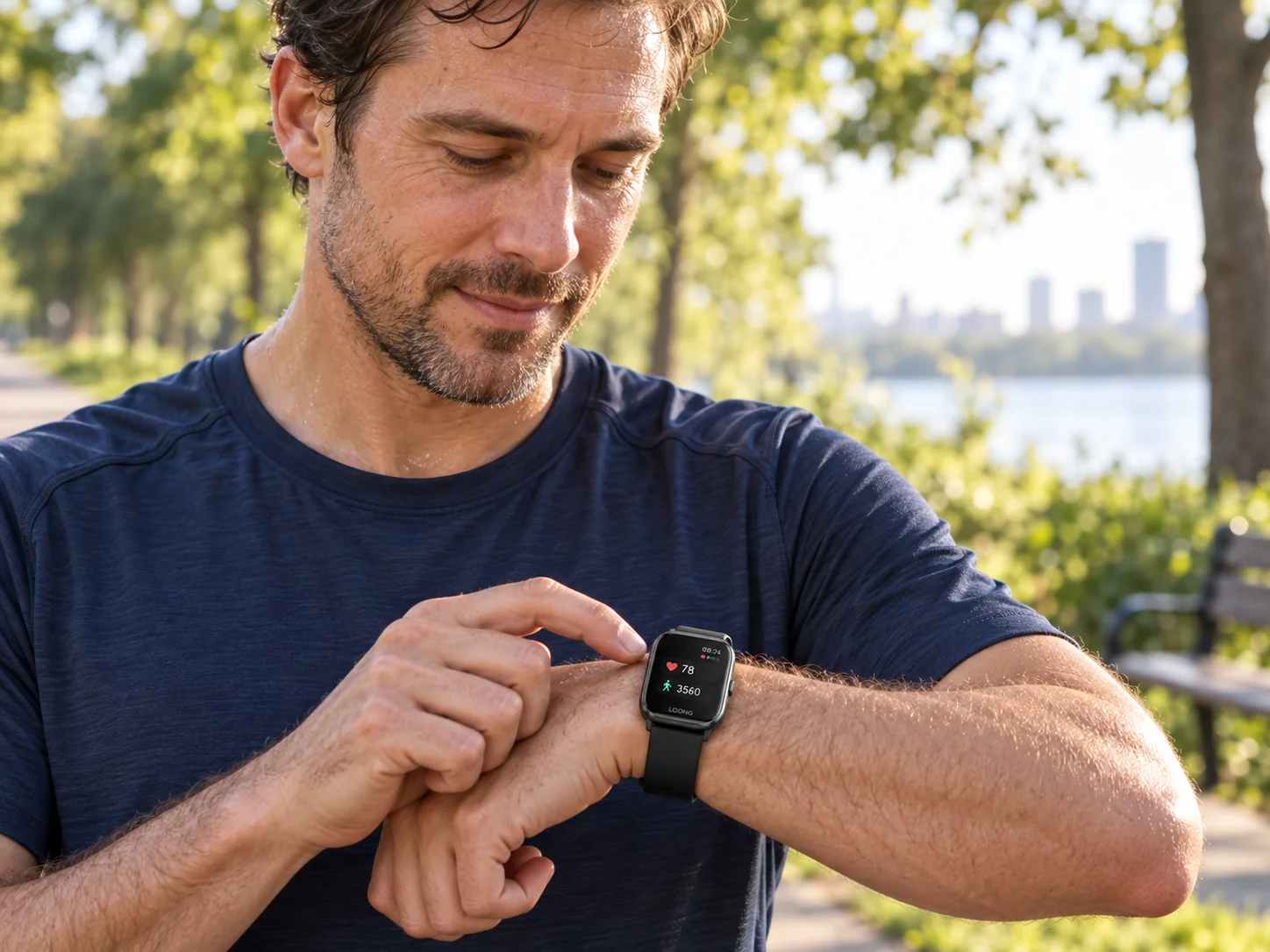 Loong smart wearable during an outdoor walk — brand scene visualization