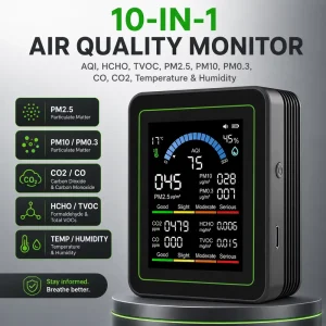10 in 1 WIFI Indoor air Quality Monitor CO2 CO TVOC PM2.5 Temperature AQI with TUYA Function Suitable for Home and Office Use