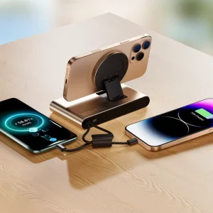 10000mAh Ultra-Thin Power Bank Wireless Charger with Phone Stand and Neck Strap