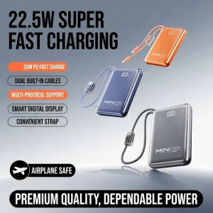 10000mAh 20000mAh Power Bank Metallic Finish 22.5W Fast Charging Portable Charger with Built in Cables LED Digital Display