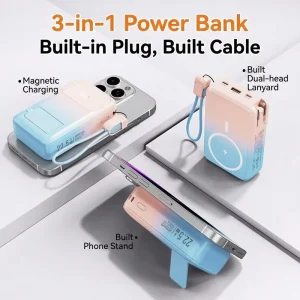 10000mAh 3-in-1 Magnetic Wireless Power Bank, 22.5W Fast Charging, with Built-in AC Plug, Cable, and Phone Stand