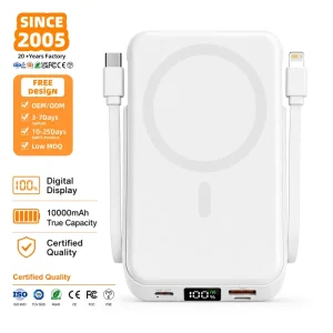 Private Label 10000mAh 22.5W Magnetic Wireless Lithium Polymer Portable Power Bank with Dual Cables, Foldable Stand, and Type-C Fast Charging