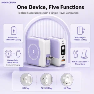 10000mAh Magnetic Power Bank Portable Fast Charging Power Bank 15W Wireless Charger with Retractable Phone Stand