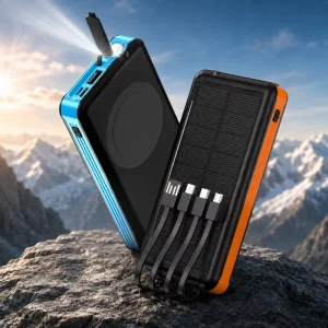 10000mAh Outdoor Emergency Solar Power Bank with LED Flashlight Built in Cables and Wireless Charging for Camping Fishing Travel