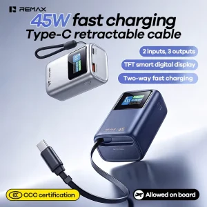 10000mAh PD45W Fast Charging Power Bank Built-in 65cm Retractable Type-C Cable TFT Display Power Banks