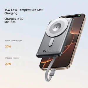 10000mAh PVC Magnetic Wireless Power Bank 3C Certified Lithium Polymer Battery Portable Charger with Built in Cable
