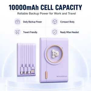 10000mAh Portable Power Bank with 4 Built In Cables Multi Device Fast Charger and USB Backup Battery Pack