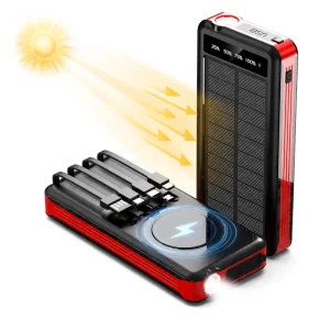 10000mAh Solar Magnetic Wireless Charging Power Bank Fast Charging Portable Charger with Built-in Cables LED Flashlight