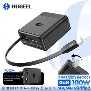 100W GaN Charger 70cm Retractable Cable Portable USB Wall Charger PD QC3.0 Fast Charging Type-C Charger for Phone Tablet Laptop