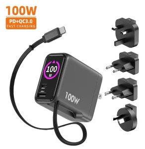 100W GaN USB Charger C Retractable Cable 2 Type C 1 USB AI SMART CHARGING TFT Display PD3.0 PPS Fast Charger for Electric