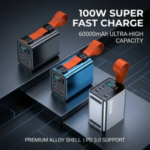 100W PD Fast Charging Alloy Power Bank 60000mAh 5 Port Ternary Polymer Lithium Battery Outdoor Portable Charger for Laptop Phone