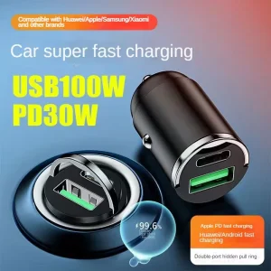 100W Portable Mini Type-c Pd Car Charger Ring Metal Universal Quick Charger Ring Pull Design Car Charger with LED