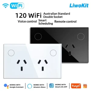 120mm Tuya WiFi 15A Australian Standard Smart Socket with Power Metering Function Tempered Glass Panel Alexa Voice Control