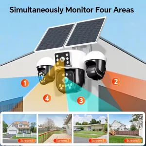 12MP 4G SIM Solar CCTV Camera Outdoor Wireless 4 Lens 4 Screen PTZ 360 Degree Human Motion Tracking AOV Security Camera IP66