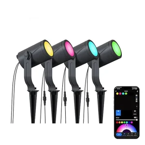 12V Smart Outdoor Spot Lights 24W RGBCW Color Changing AC Powered IP65 Waterproof 4 Pack App Control Dimmable Landscape Lighting