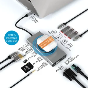 13 in 1 USB C Hub Docking Station Adapter USB3.0*2 PD TF SD Card Audio 3.5 VGA RJ45 with 15W Wireless Charging Aluminum Alloy