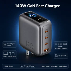 140W GaN Charger USB C Fast Charging Adapter with AI Temperature Display Foldable Plug PD Charger for Laptop Phone Tablet