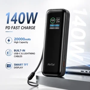 140W Power Bank 20000mAh with Built in USB C Cables TFT Display Multi Device Charging Portable Travel