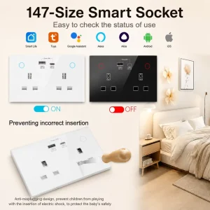 147 Size Rated Current Tuya Smart Wall Socket with USB Type C and Energy Monitoring and Child Lock Backlight Can Be Turned off