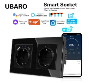 153mm Tuya WiFi Smart Double EU Schuko Wall Socket with USB A+C Charging Port 16A Glass Panel Power Monitor Alexa Alice