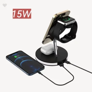 3-in-1 Wireless Charger, 15W/10W Magnetic Fast Wireless Charger for Phones, Earbuds, and Smartwatches