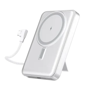 Foldable Magnetic Stand Power Bank, 15W Wireless Fast-Charging Stand, Portable Charger with Built-In Charging Cable and Anti-Loss Lanyard