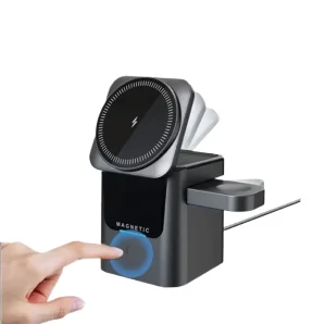 15W Fast-Charging 3-in-1 Wireless Charger Stand with Bluetooth Speaker, Foldable Magnetic Rotating Stand for Phones and Tablets