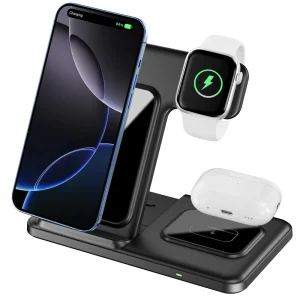 15W Foldable Desktop 3-in-1 Wireless Charger Phone Charging Station, KC Wireless Charger for iPhone 17/16/15, iWatch, and AirPods