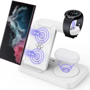 15W 3-in-1 Fast Wireless Charger PD OTP Universal Power Adapter for Phones, Earbuds, and Watches