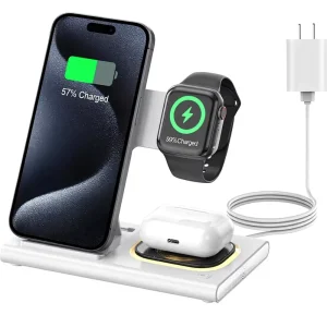 Foldable Wireless Charging Station, 15W 3-in-1 Wireless Charger for iPhone, AirPods, and iWatch