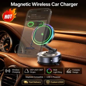 Bulk-Order Wireless Car Charger Mount, 15W Magnetic Fast-Charging Suction Cup with 360° Rotation, Custom Logo for All Smartphones