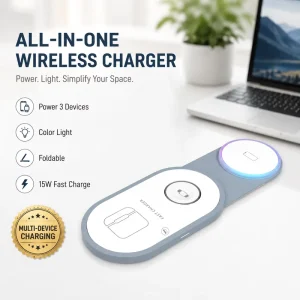 Phone Stand 15W Multi-Device Wireless Charger 4-in-1 Foldable Charging Station for Two Earbuds, Watch and USB