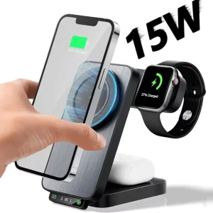 Adjustable 15W 4-in-1 Multifunctional Wireless Charger Stand with LED Night Light, Magnetic Wireless Charging Station for airp