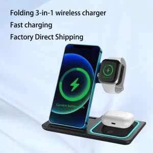Portable 3-in-1 Wireless Phone Charger Stand, 15W Foldable Magnetic Wireless Charger Stand for Phones and Smartwatches