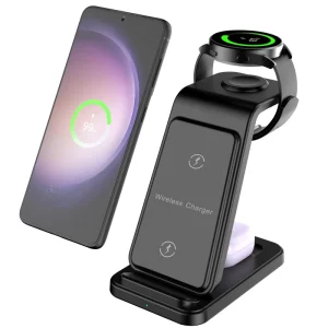 15W Multifunctional Fast 3-in-1 Wireless Charging Station Stand for Phones, Earbuds, and Smartwatches