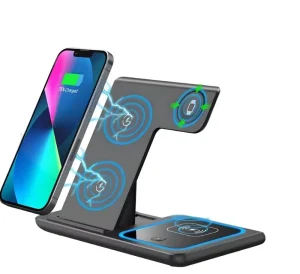 15W Foldable 3-in-1 Wireless Charger Stand with Night Light, Fast Charging Station for Smartphones, Watches, and Earbuds