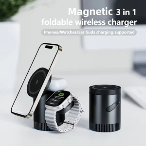 Portable 3-in-1 Magnetic Wireless Charger, 15W Foldable Wireless Charging Station for Phones, Watches, and AirPods
