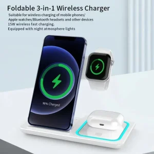 Best-Selling 3-in-1 Foldable 15W Wireless Charger with LED Light for Phones, Smartwatches, and Earbuds