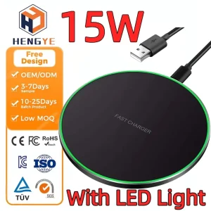 15W Portable Wireless Charging Pad with LED Light
