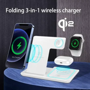 New 15W Fast Wireless Charger with LED Night Light and Magnetic Foldable Stand for iPhone, Smartphones, and Smartwatches, 3-in-1 Charging