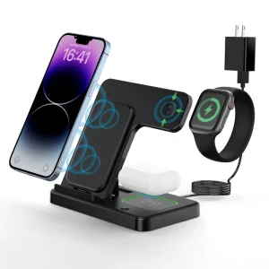 Fast, Flexible Wireless Charging Station, Magnetic Phone Charger Stand, Foldable and Portable, 15W, QC2.0, Type-C, 3-in-1, ABS