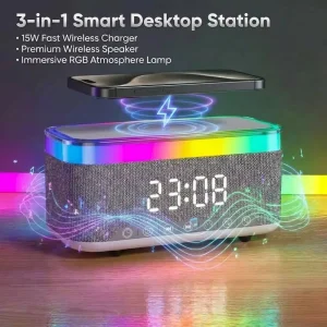 15W Fast Wireless Charging Station with RGB Ambient Night Light, Speaker, and Digital Alarm Clock for Bedroom and Office Desks