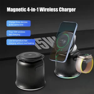 Portable Desk Wireless Charging Stand, 15W Fast Charging, RGB Light, Magnetic 3-in-1 Wireless Charger for Phones, Watches, and Earbuds