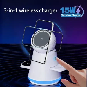 15W Fast Magnetic 3-in-1 Wireless Charger with Night Light, RoHS-Certified Charging Stand for Phones, Watches, and Smart Devices