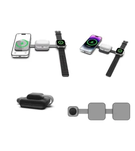Mini Foldable 3-in-1 Magnetic Wireless Charger, 15W Fast Charging Station, Type-C Port, 9V 2A, for Watches and Earbuds, Travel Use, Wholesale