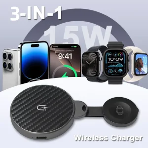 3-in-1 Foldable Wireless Charger, 15W, for Type-C Port, with Retractable Cable Lanyard, for Phones and Earbuds (ABS Overcharge Protection)