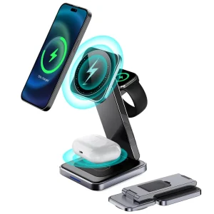 Magnetic 3-in-1 Foldable Flexible Powered Wireless Charging Station, Fast 15W Charger for iPhone 16 Pro Max/15/14/13/12