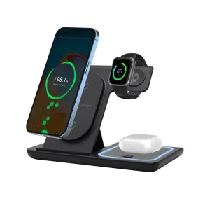 Multifunctional 3-in-1 Wireless Charger with 15W Fast Charging, Foldable Magnetic Phone Stand, for iPhone and Smart Devices
