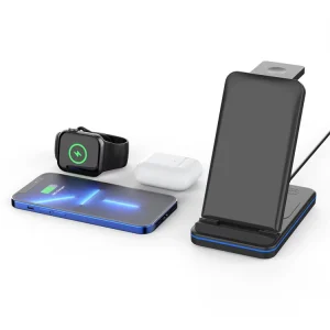 15W Fast-Charging Foldable 3-in-1 Wireless Phone Stand and Charger, Compatible with iPhone, Xiaomi, and Android