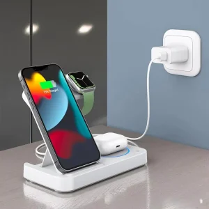 15W 3-in-1 Foldable Wireless Charger, Fast-Charging Station Stand Base for iPhone, Apple Watch, and AirPods, Portable Travel Desktop Charger